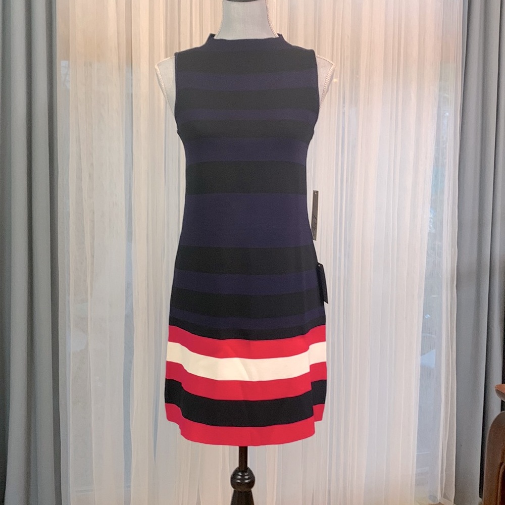 ELIZA J Color Blocking stripes high neck sleeveless exposed gold zip back size 4